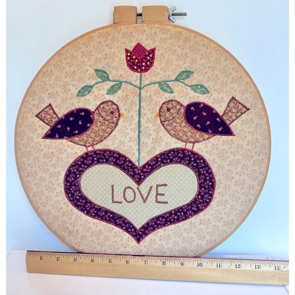 Vintage Appliqué Hoop Art with Two Brown Lovebirds and the Word Love in a Heart.